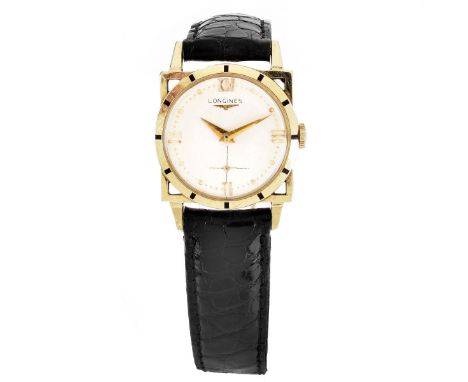 Vintage Longines 14 Karat Yellow Gold Manual Movement Watch with Later Leather Strap. Stamped 14K. Case measures 28mm. Approx