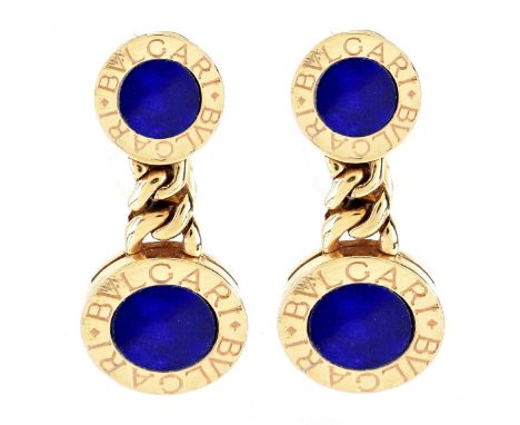 Vintage Bulgari 18 Karat Yellow Gold and Lapis Lazuli Clip Back Earrings. Signed, stamped 750, Italian hallmark. Measure 1" L