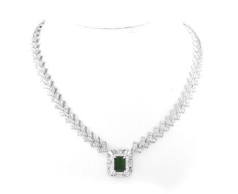 Vintage Diamond, Emerald and 14K White Gold Necklace. Set with approx 15.00ct TW diamonds of G-H color and VS1-VS2 clarity, 3