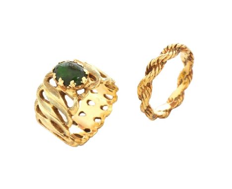 Two (2) Vintage 14 Karat Yellow Gold Rings, One with Cabochon Jade Measuring 8mm x 5mm. Jade ring stamped 14K. Ring size 4-1/