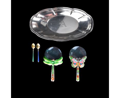 Grouping of Five (5) Vintage Tableware. Includes: sterling dish, 2 sterling demitasse spoons, 2 Cloisonne enamel butterfly ha