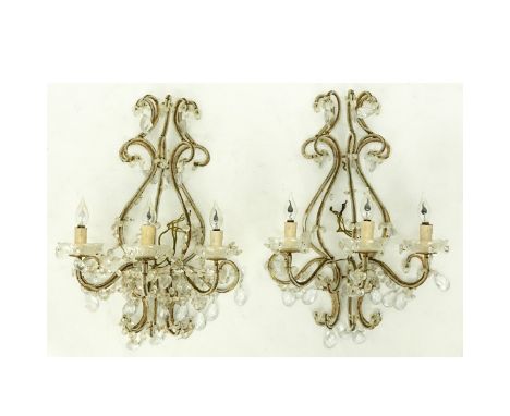 Pair Vintage Venetian Beaded Sconces. Each with 3 lights. Unsigned. Measures 26" x 16" Condition: Losses. Domestic Shipping: 