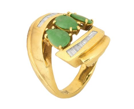 Vintage 18 Karat Yellow Gold, Green Jade and Baguette Cut Diamond Ring. Signed 18K. Ring size 6. Approx. weight: 8.30 pennywe