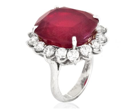 Ladies Large Oval Cut Synthetic Ruby, Round Brilliant Cut Diamond and 18 Karat White Gold Ring. Ruby measures 18mm x 15mm. St