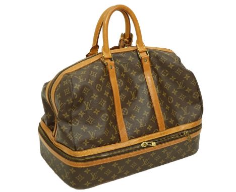 Vintage Louis Vuitton Sac Sport. Brown monogram canvas, vachetta straps, golden brass hardware. Handle strap and luggage tag 