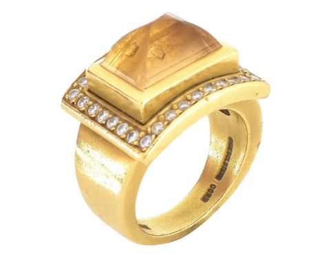 Vintage Sugarloaf Cabochon Citrine, Round Brilliant Cut Diamond and Heavy 18 Karat Yellow Gold Ring. Citrine measures 11mm x 