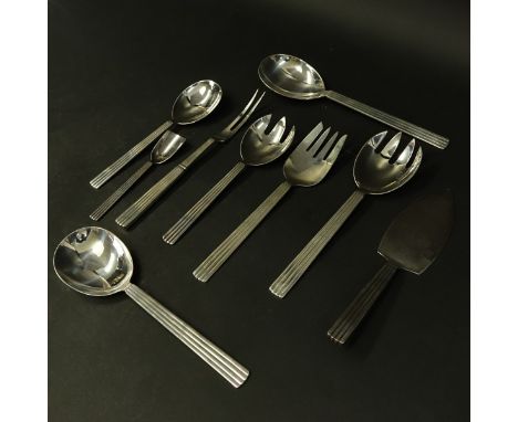 Twelve (12) Georg Jensen Bernadotte Sterling Silver Serving Pieces. Includes: large 2 pc salad set 9-3/8", small 2 pc salad s