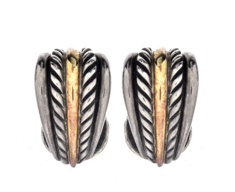 Vintage David Yurman Sterling Silver and 18 Karat Yellow Gold Huggie Earrings with Suede Pouch. Signed, stamped 750, 925. Mea