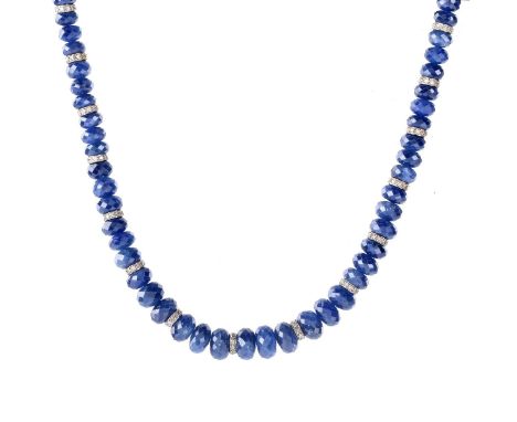 Vintage Sapphire Bead, Micro Pave Set Diamond and 18 Karat White Gold Necklace. Sapphires measure 6mm-9.5mm. Unsigned. Measur