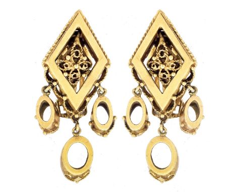 Vintage Pair of 14 Karat Yellow Gold Clip Back Earrings. Stamped 14K. Measure 1-7/8" L, 1" W. Approx. weight: 16.3 grams. Con