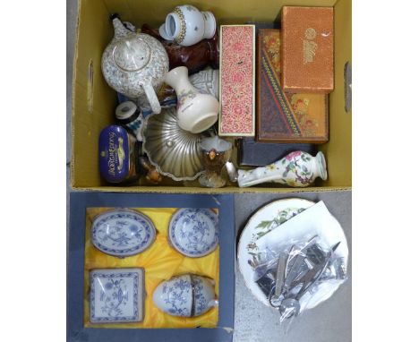 Four blue and white ceramic boxes and other China and plated cutlery, etc.**PLEASE NOTE THIS LOT IS NOT ELIGIBLE FOR POSTING 