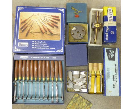 Woodworking tools, mortice gauge, chisels, etc. 