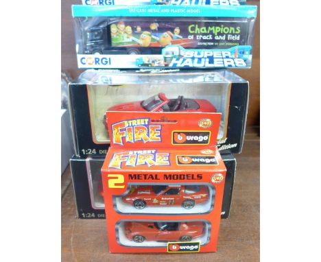 Ten boxed model vehicles including Burago, Corgi and Maisto 