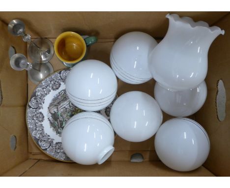 A box of glass ceiling light shades, a Robin Hood collectors plate, a pair of plated candlesticks and a Denby mug**PLEASE NOT