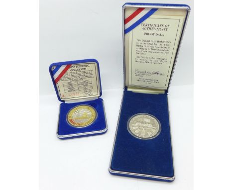 Two silver proof coins, Pearl Harbour Dala and USS Memorial Day coin, boxed 