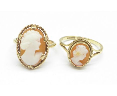 Two 9ct gold cameo rings, 5.2g, M and R 