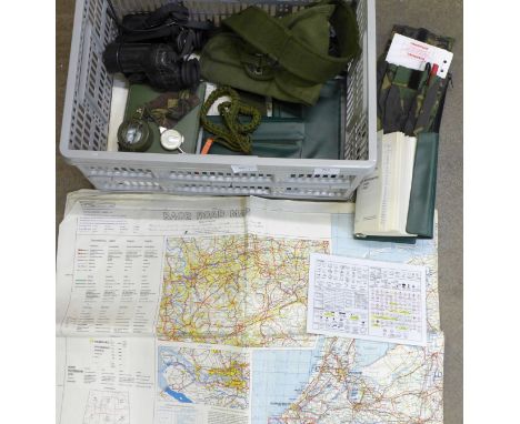 Military related items, post WWII cold war period including a Stanley compass, binoculars, one other compass, maps, books, et