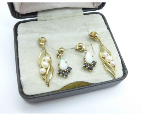 A pair of 9ct gold, opal and sapphire earrings and a pair of 9ct gold and pearl earrings 