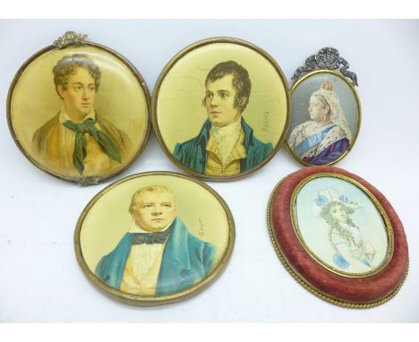 Five miniature portrait prints 