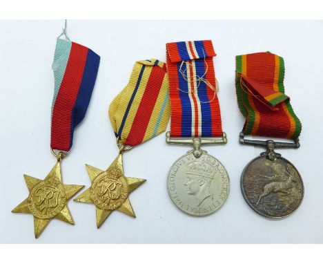 A set of four WWII medals including Africa Service Medal to 107908 R. Harmse 