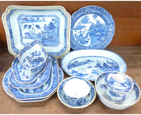 A collection of 19th Century and earlier Chinese export blue and white porcelain, thirteen pieces in total including bowls, d