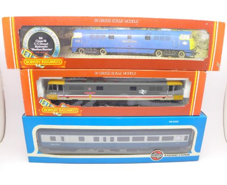 Model rail: R.778 BR Class 52 Diesel Western Harrier, R.388 BR Bo-Bo Electric Frank Hornby and a 2nd class coach, all boxed 