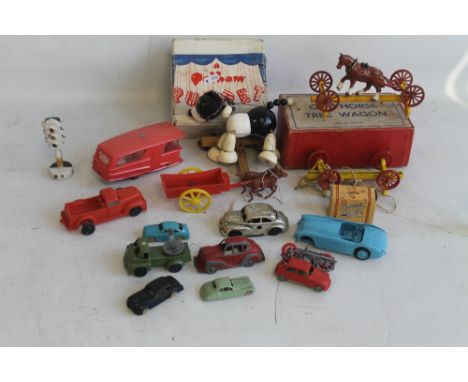 A  BOXED CHARBENS HORSE TREE WAGON, a boxed Charbens Miniature Series 1907 Vauxhall, together with various Ingap plastic vehi