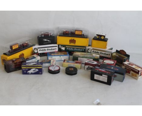 A COLLECTION OF VARIOUS BOXED DIE CAST VEHICLES BY ATLAS EDITIONS, CORGI ETC., together with two related sets of metal drinks