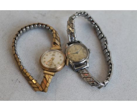 OMEGA A SMALL LADIES STAINLESS STEEL MANUAL WIND WRIST WATCH, along with a yellow metal ladies Markin wrist watch together wi