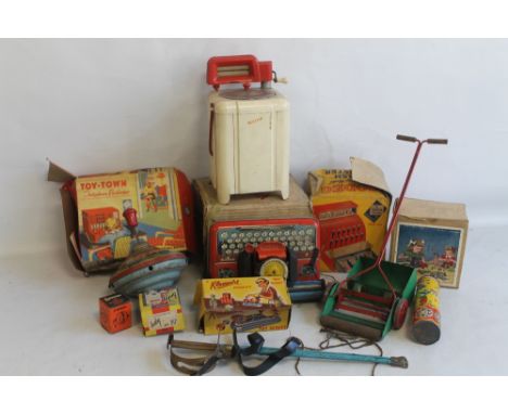 A BOXED VULCAN TOY WASHING MACHINE. boxed Codeg Cash Register, boxed Codeg Toy-Town Telephone Exchange, boxed "Little Betty" 