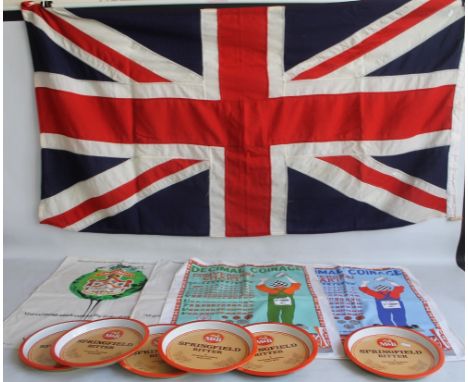 A 36" X 66" UNION FLAG, SEVEN UNUSED M &amp; B SPRINGFIELD BITTER TINPLATE CIRCULAR SERVING TRAYS, together with six Irish Li