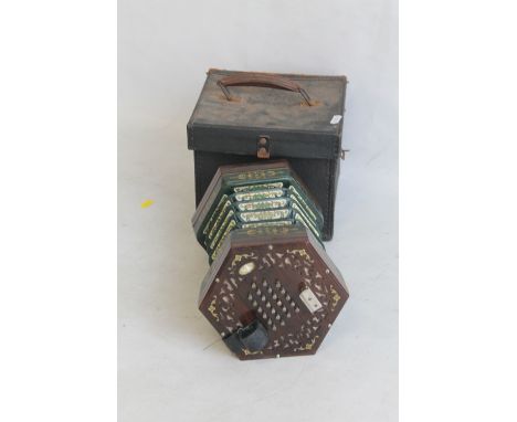 A CASED C WHEATSTONE ROSEWOOD AND GREEN LEATHER SQUEEZE BOX ACCORDION, W 16 cm