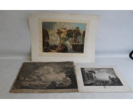 JOHN COTHER WEBB SIGNED MEZZOTINT DEPICTING THE DEATH OF NELSON with blind stamp together with two maritime engravings 'The F