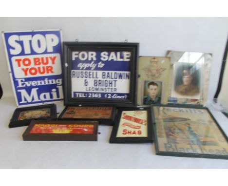 A FRAMED METAL ENAMEL RUSSELL BALDWIN &amp; BRIGHT, LEOMINSTER "FOR SALE" SIGN, a metal enamel Evening Mail sign, five other 