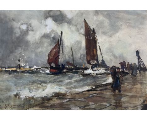 Frank Henry Mason (Staithes Group 1875-1965): Montrose Fishing Boats returning to Harbour in Heavy Weather, watercolour and g