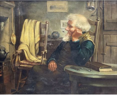 David W Haddon (British fl.1884-1914): Cottage Fireside with Fisherman Smoking a Pipe, oil on canvas signed 42cm x 52cmCondit
