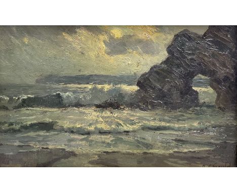 Alexander Carruthers Gould RBA (British 1870-1948): 'Moonlight on the Cornish Coast', oil on panel signed, original title lab