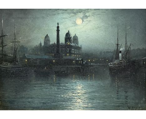 Walter Linsley Meegan (British c1860-1944): Hull Dock Offices and Wilberforce Monument by Moonlight, oil on canvas signed 25c