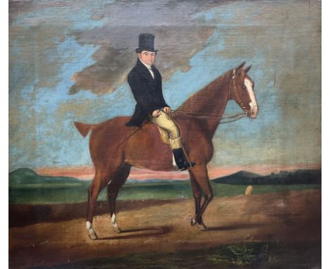 English Naive School (Early 19th century): Portrait of Regency Gentleman in Hunting Attire Mounted on a Chestnut Gelding, oil