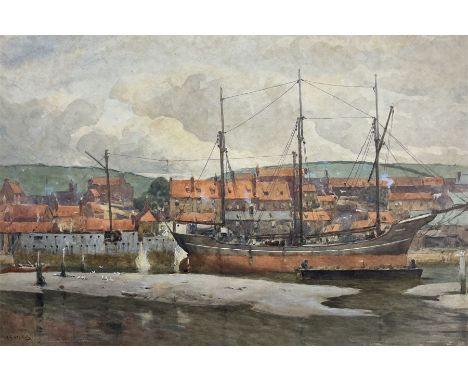 Albert George Stevens (Staithes Group 1863-1925): Three Masted Ship on the Wharfeside Whitby, watercolour signed 29cm x 45cmP