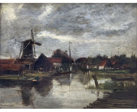 Rene Billotte (French 1846-1945): Windmill at Dusk 'Dordrecht', oil on mahogany panel signed and titled 18cm x 23cm Condition