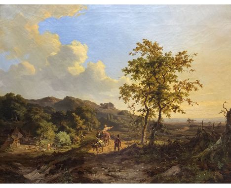 Jan Willem van Borselen (Dutch 1825-1892): Landscape with Travellers, oil on canvas signed and dated 1848, 54cm x 70cm in mag