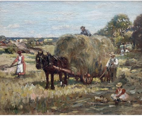 James William Booth (Staithes Group 1867-1953): Harvest Time with Children in the Field, oil on canvas laid on panel signed 3
