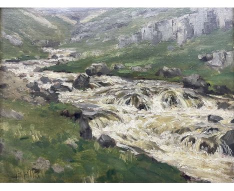 Bertram Priestman RA ROI NEAC (British 1868-1951): 'Starbottom Beck in Spate', oil on panel signed with initials and indistin