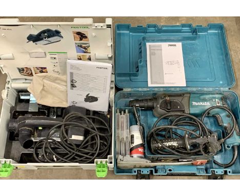 CASED ELECTRIC POWER TOOLS including a Makita rotary hammer drill, product code HR2470T and a Festool EHL65E one handed elect