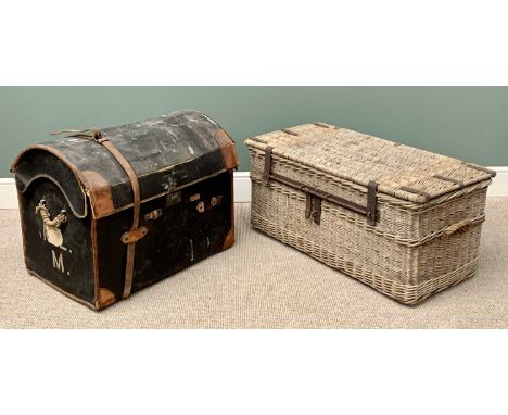 STEAMER TRUNKS x 2, to include a wicker example, having a three hasp barrel lock and top banding in iron with rope side carry