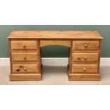 MODERN PINE PEDESTAL DESK / DRESSING TABLE having an arched central drawer, 77cms H, 151cms W, 44cms