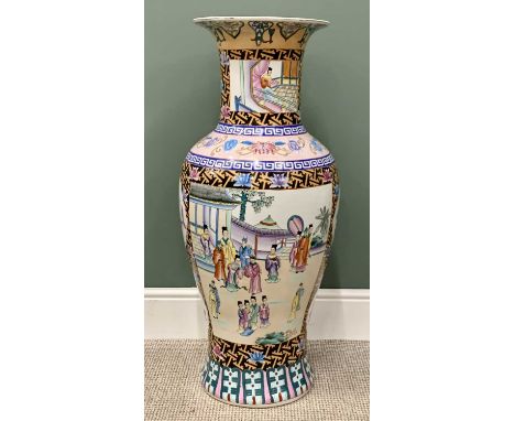 LARGE 20TH CENTURY CHINESE POTTERY VASE, having colourful motifs and individual panels of people in garden and interior setti