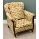 EDWARDIAN INLAID MAHOGANY RE-UPHOLSTERED PARLOUR ARMCHAIR, buttonback floral tapestry design fabric,