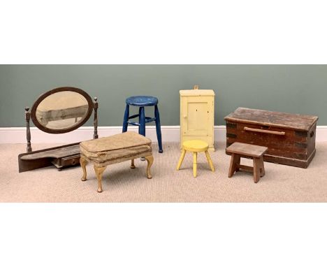 VINTAGE SMALL FURNITURE ASSORTMENT, to include an iron banded lidded pine trunk, 38cms H, 79cms W, 42cms D, single drawer, si